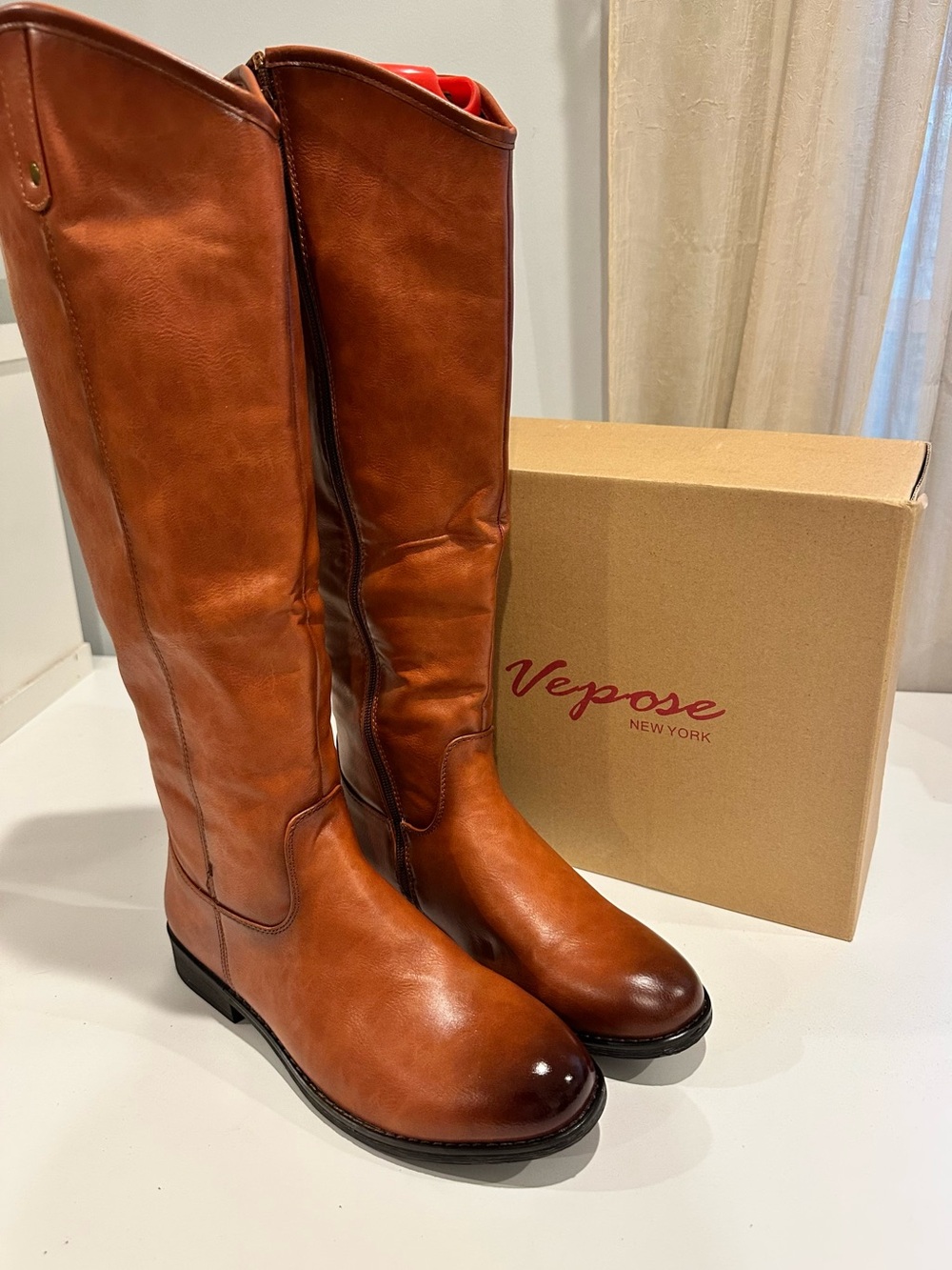 Vepose Tall Cognac Brown Leather Riding Boots